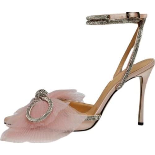 Girls Sweet Pink Color Silk Big Bow Ties Diamond Crystal Slingback Pumps Woman Shallow Slip On Heels Buckle Wedding Shoes