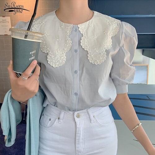 Fashion Sweet Buttons Loose Blue Shirt Korean Short Sleeve Summer Blouse Womens New 2021 Chic Doll Collar Patchwork Tops 13846