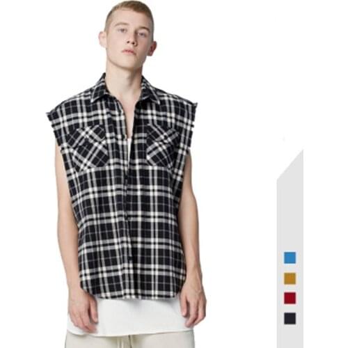 Hip-Hop Checkered Shirt Mens Retro Cotton Zipper Waistcoat Sleeveless Plaid Shirts Oversize 2020 Mens clothing рубашка
