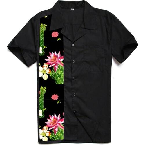 1950s Rockabilly Shirt Men Vintage Western Punk Shirts Cactus FloraPrint Patchwork Short Sleeve Rolling Rock Shirt Mens Clothes