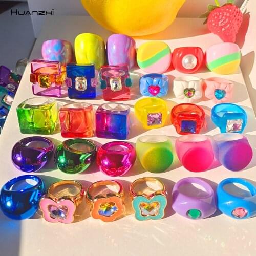 HUANGZHI 2021 New Golden Bead Transparent Resin Acrylic Square Rings For Women Friends Couple Jewelry Trendy Travel