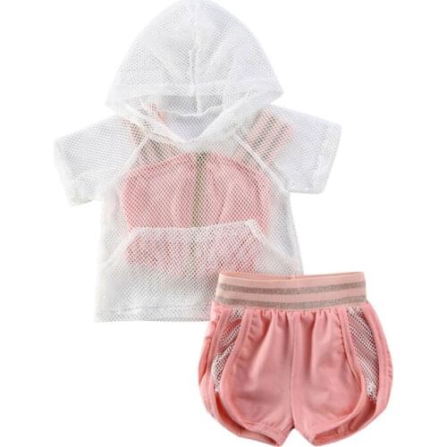 New 6M-3Y Summer Baby Girl Clothes Sets Girls Mesh Hoodies Toddler Strap Camis Shorts Tracksuit Kids Outfits 3PCS Clothing