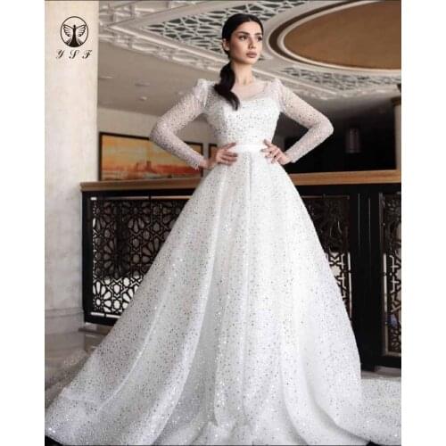 Luxury Robe De Mariee Illusion O Neck Bling Bling Shinny Sequins Long Sleeve Ball Gown Wedding Dresses