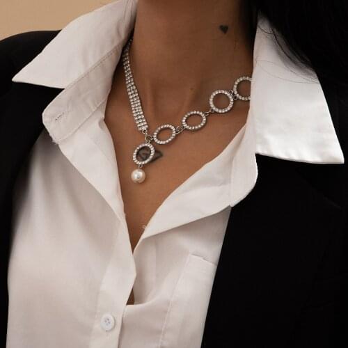 Luxury Full Crystal Circle Chain Necklace Women Wedding Bridal Punk Goth Rhinestone Pearl Pendant Choker Valentines Day Jewelry