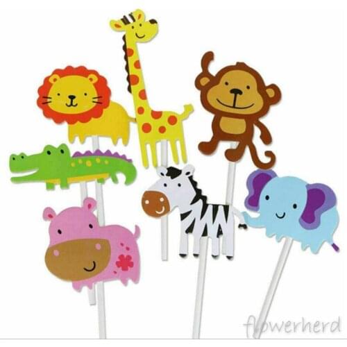 Happy Birthday Cake Decorations 7 Pcs Cartoon Animals World Giraffe Elephant Lion Dessert Cupcake Toppers Flags for Children