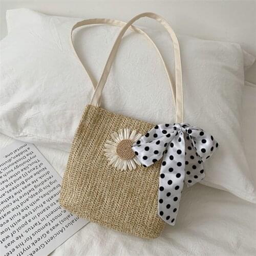 Fashion Handmade Straw Tote Bags Sunflower Handbag Summer Travel Beach Shoulder Ribbons Bags for Women Casual Female Handbags