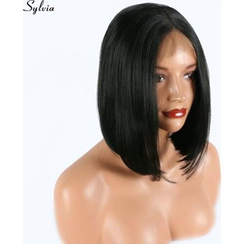 Sylvia short bob lace front synthetic wig natural black middle part soft hair China style women replacement heat resistant fiber