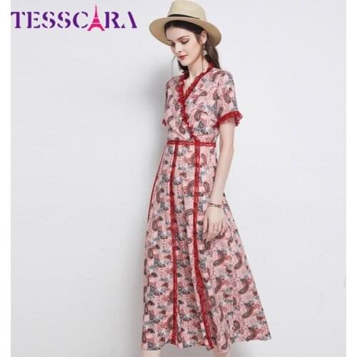 TESSCARA Women Summer Elegant V-Neck Dress Festa Female High Quality Long Vintage Party Robe Femme Red Lace Designer Vestidos