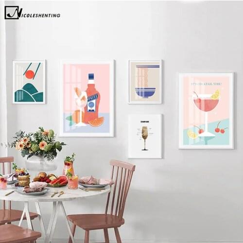 Wine Noodles Food Drink Illustration Painting Kitchen Art Poster Canvas Print Wall Picture Dining Room Restaurant Decoration