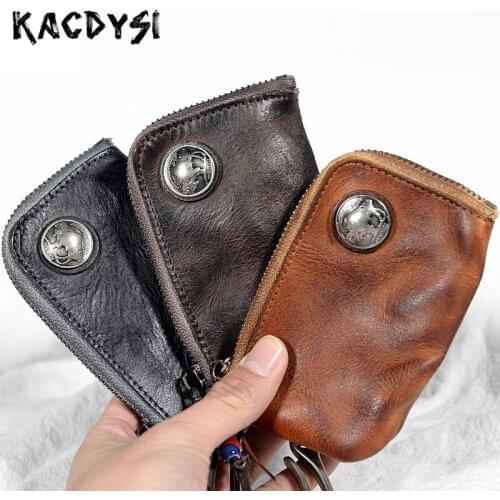 100% Genuine Leather Vintage Original Men Key Holder Brush Color Fashion Keys Wallet Coin Bag Purse Quality Male Key Safe Hanger