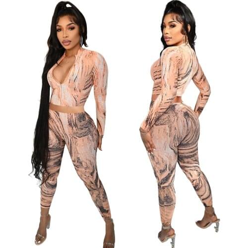 Womens suit 2021 hot sale stand-alone landscape pattern printing long-sleeved two-piece suit lightly cooked style