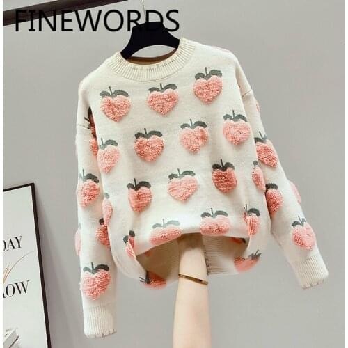 FINEWORDS Winter Peach Printed Knit Sweater Women Kawaii Harajuku Janpan Style Pullover O Neck Knitted Korean Ladies Sweaters