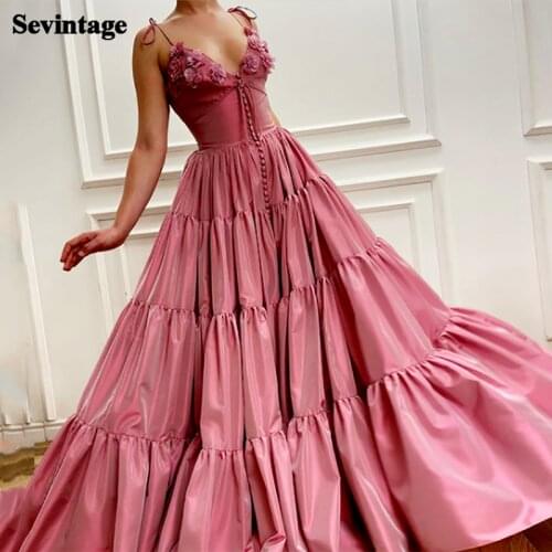 Sevintage A Line 3D Flowers Satin Long Evening Gowns Spaghetti Strap Pleats Prom Dress Deep V-Neck Formal Women Party Dresses