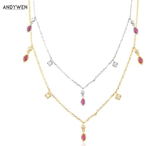 ANDYWEN 925 Sterling Silver Pink Zircon Rose Red Charm Choker Necklace Women Wedding Jewelry Gift For Luxury Jewelry Chains