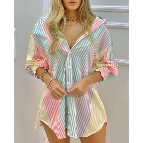 Spring Summer Women Color Striped Button Front Shirt Mini Dress Femme Turn-down Collar Casual Robe Office Lady Outfits traf 2021