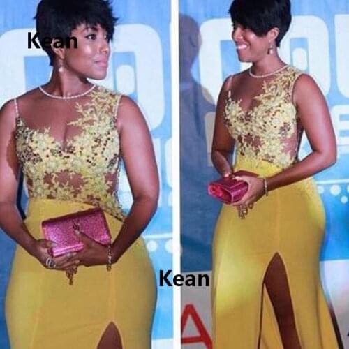 Yellow Prom Dresses Sexy Slit Lace Illusion Special Occasion Party Dress Prom Gown Evening Dresses Robe De Soiree vestidos