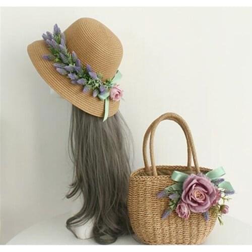 2021 NEW Rattan Beach Bag Women Handmade Straw Bags Summer Flowers Handbags Drawstring Basket Totes Bag Travel Tote with Sun Hat