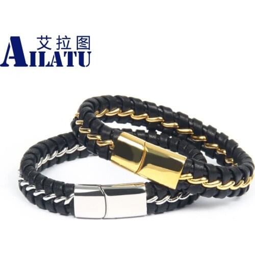 Stainless Steel Gold Color Chains Genuine Leather Bracelet Magnetic Clasp Fashion Bangles Laser Customizable Name or Logo