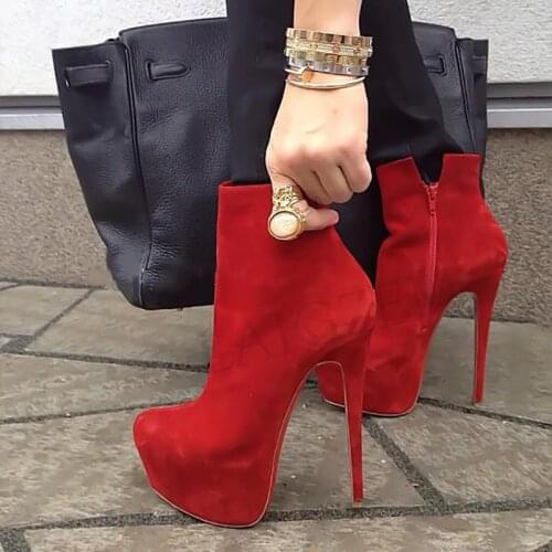 BERZIMER Faux Suede Ankle Boots for Women Platform Stiletto High Heels Booties Botas Zapatos Zip Shoes Woman Big Size 45 47 52