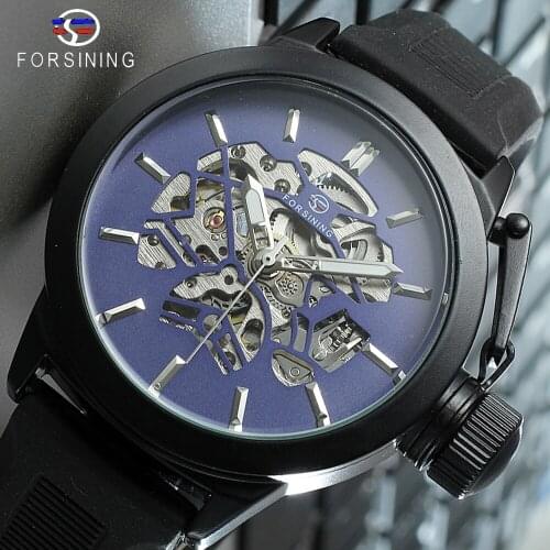 Forsining Blue Skeleton Dial Rubber Band Mens Sport Design Safety Crown Mens Watch Top Brand Luxury Black Mechanical Wrist Watch
