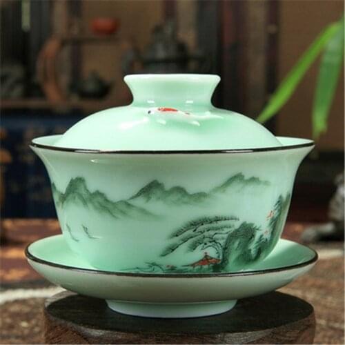 Household Chinese Celadon Gaiwan Tea Set Kung Fu hand painted gaiwan under glaze mountain river print fish caving tureen saucer