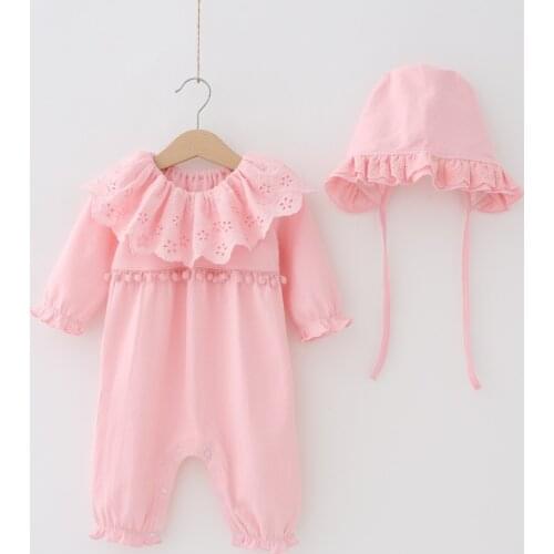 Winter Autumn Baby Girl Clothes Princess Embroidery Flowers Rompers Lotus Peter pan Collar Girls Clothes Infant Jumpsuit + Hats