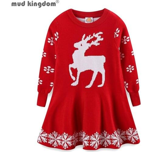 Mudkingdom Girls Knit Dress Cute Reindeer Snowflake Long Sleeve Christmas Sweater Dresses for Little Girl Clothes Autumn Winter