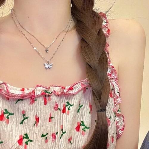 Double Layers Crystal Butterfly Pendant Choker Necklace for Women Charm Silver Chain Moon Star Necklace Girls Statement Jewelry