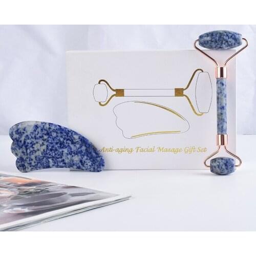 JEAXI 2 in 1 Natural Sodalite Face Massage Tool Slimming Facial Massage Roller Massage Stone Health Beauty Gift Set