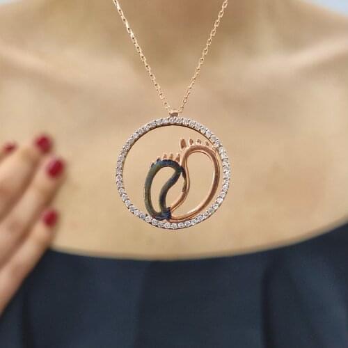 Round Baby Feet 925 Sterling Silver, Gold, Rose Plated Zircon Necklace For Women Girls Handmade Jewelry Elegant Minimalist