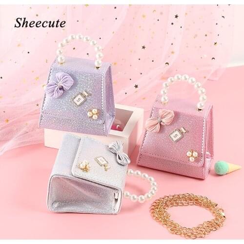 Small Purses and Handbags for Kids Girls Crossbody Bag Fashion Bowknot Pearl Leather Mini Bag Portable Childrens Shoulder Bags
