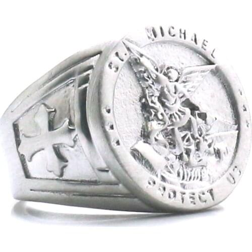 Newest Unisex Saint Michael Protect US 316L Stainless Steel Frosting Ring New Technology