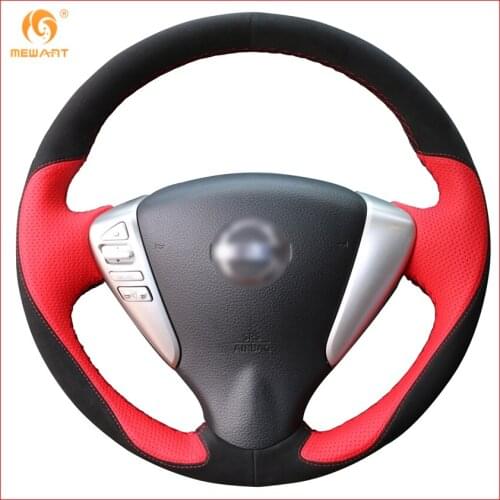 MEWANT Black Suede Red Leather Car Steering Wheel Cover for Nissan Tiida Sylphy Sentra Versa Note 2014-2017 Interior Accessories