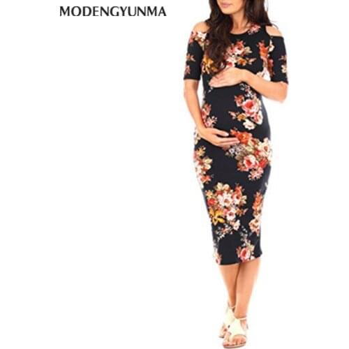 MODENGYUNMA Maternity Clothings 2021 Hot Sale Pregnant Women Dress Flower Digital Printing Short-sleeve Slim Fit Maternity Skirt