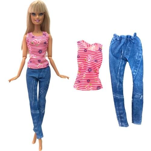 NK 1 Pcs New Doll Fashion Dress Pink Striped Shirt Casual Jeans For Barbie Doll Accessories Child Toys Girls' Gift 278Q 3X