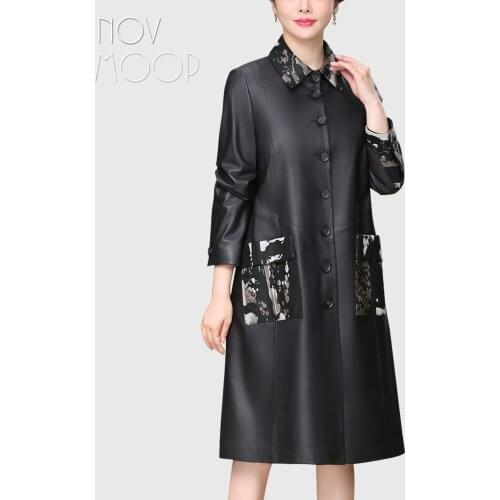 Novmoop sheepskin genuine leather women long coat printed collar and pocket at front simple neat cutting Veste en cuir LT3446
