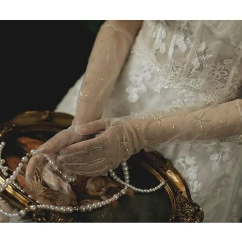 Womens elegant gold star print long mesh glove female spring summer vintage sunscreen lace driving glove R3377