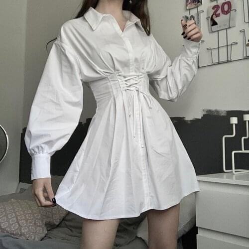 Casual Solid Corset Bandage Mini Y2k White Dress Women NiceSummer Long Sleeve Party Sundress Female Short A-Line Light Dresses