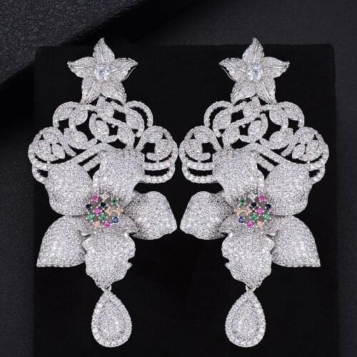 80MM Vivid Flower Pierced Big Flower Shape Drop Full Cubic Zirconia Dangle Earings Women Wedding Bridal Jewelry moda 2021