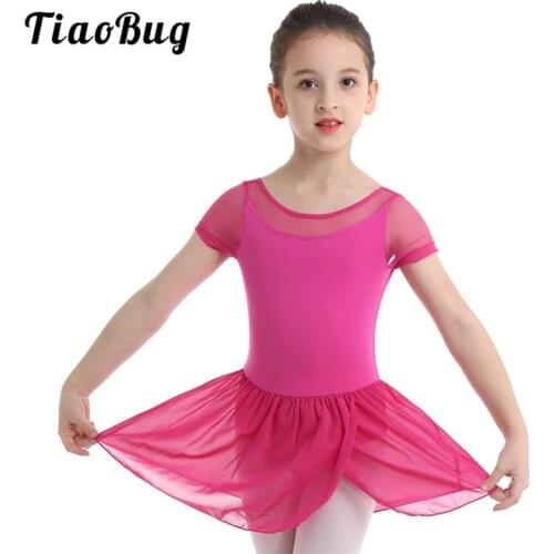 TiaoBug Girls Mesh Short Sleeve Ruffle Chiffon Ballet Tutu Dress Dance Leotard Gymnastics Leotard Ballerina Party Kids Dancewear