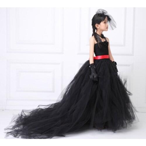 POSH DREAM Classic Black Party Dress for Kids Girls with Long Train Tulle Black Solid Vintage Costume for Kids Birthday Dresses