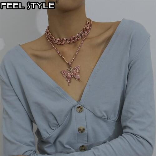 HIP 2pcs kit Layered Butterfly Necklace Pendants Cuban Link Chain Set Luxury Rhinestones Choker For Women Men Jewelry