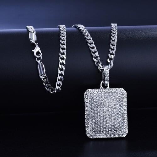 Rock Hip Hop Iced Out Full Rhinestoned Iced Out Rope Chain Square 3.3*4cm Pendants Necklaces for Men Fashion Jewelry Gold Chain