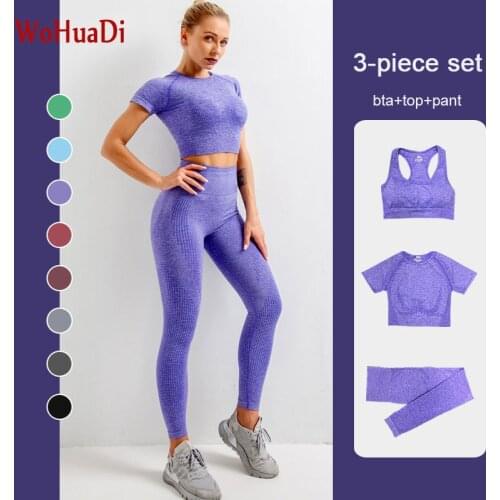 WOHUADI 2/3 Piece Seamless Yoga Set Women Fitness Clothing Short Sleeve Top Shirt + Leggings + Sports Bra Gym Sportswear Female