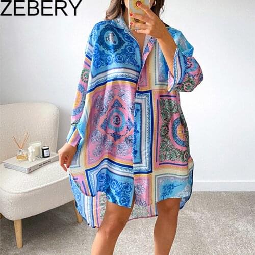 ZEBERY 2021 Autumn V Neck Shirt Dress Women Long Sleeve Y2K Print Blue Loose Beach Sexy Green Party Casual Dresses