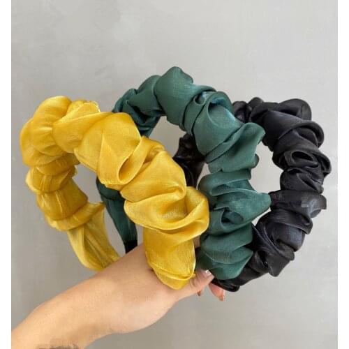 Lady Satin Fluffy Pleated Yarn Hairband Solid Color Hair Head Hoop Accessories For Woman Girl Handmade Headband Fashion Headwear