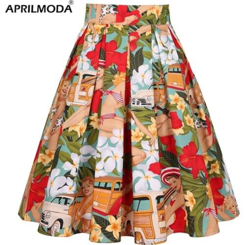50s 60s Retro Midi Skirt Women Summer Casual JK Western Girl Elegant High Waist Female Korean Rockabilly Cotton Pleated Skirt