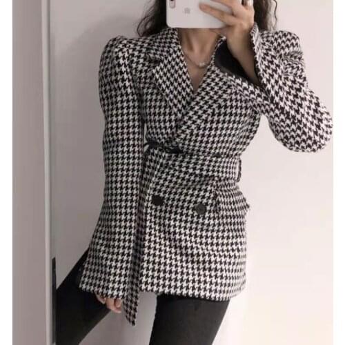 2021 Spring and Autumn New Retro womens wool pocket lattice puff sleeve hunting dog teeth waist jacket lace up wild top