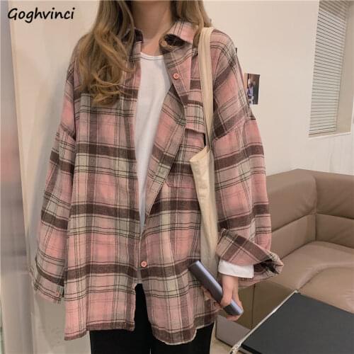 Shirts Women Plaid Pink Loose Drop-shoulder Pocket College Students All-match Outwear Korean Style Daily Chic Tops Couple Autumn