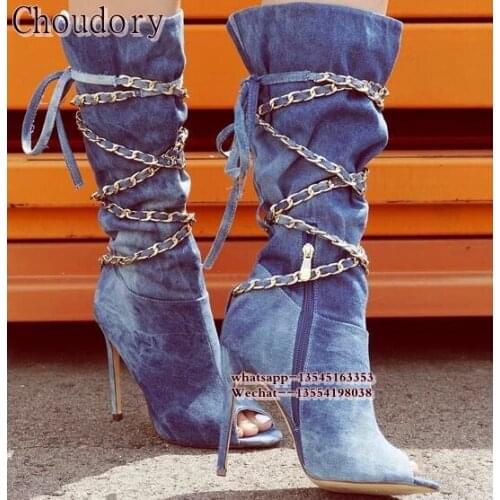 Women Sexy New Fashion Open Toe Black Suede Leather Gold Chain Design lace up Knee high Gladiator Platform Boots High Heel Boots